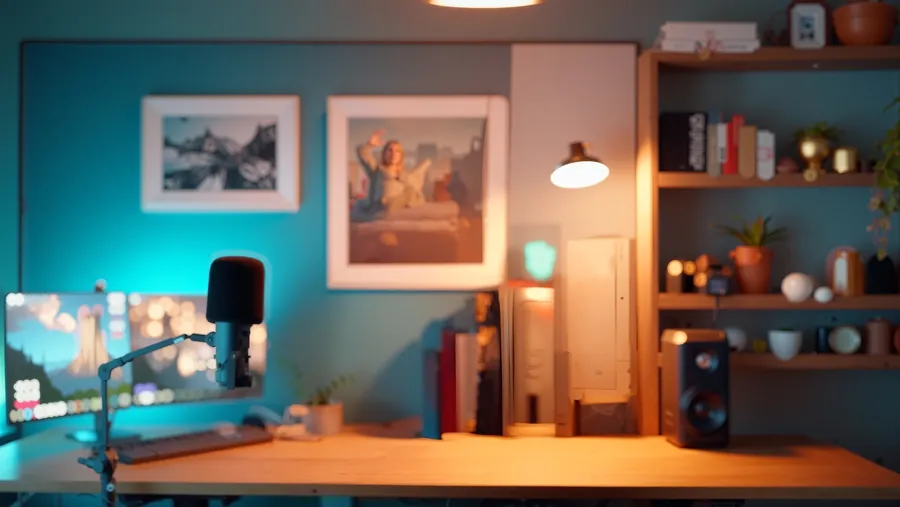 A home office set: desk, shelves, framed prints and a broadcast microphone
