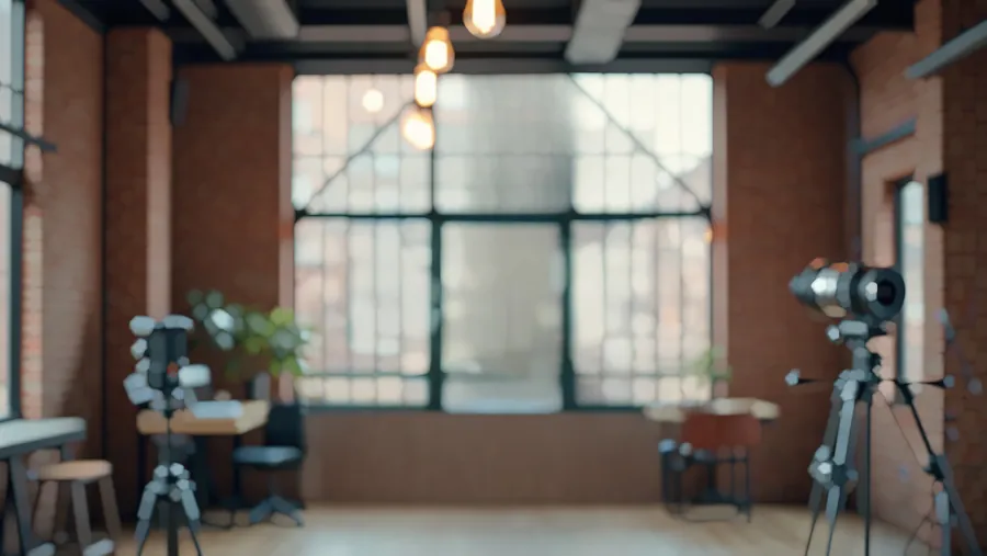 A loft studio set with a large window, exposed brick and lighting stands