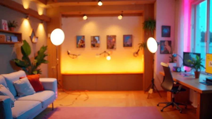 A living room set with a sofa, warm practical lighting and a lit backdrop